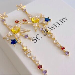 Star Dangle Earrings 925 Sterling Silver 14k Gold Plated Colorful Star